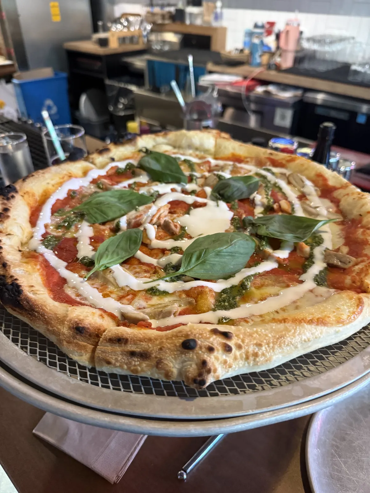 pizza with basil, red sauce, and white drizzle